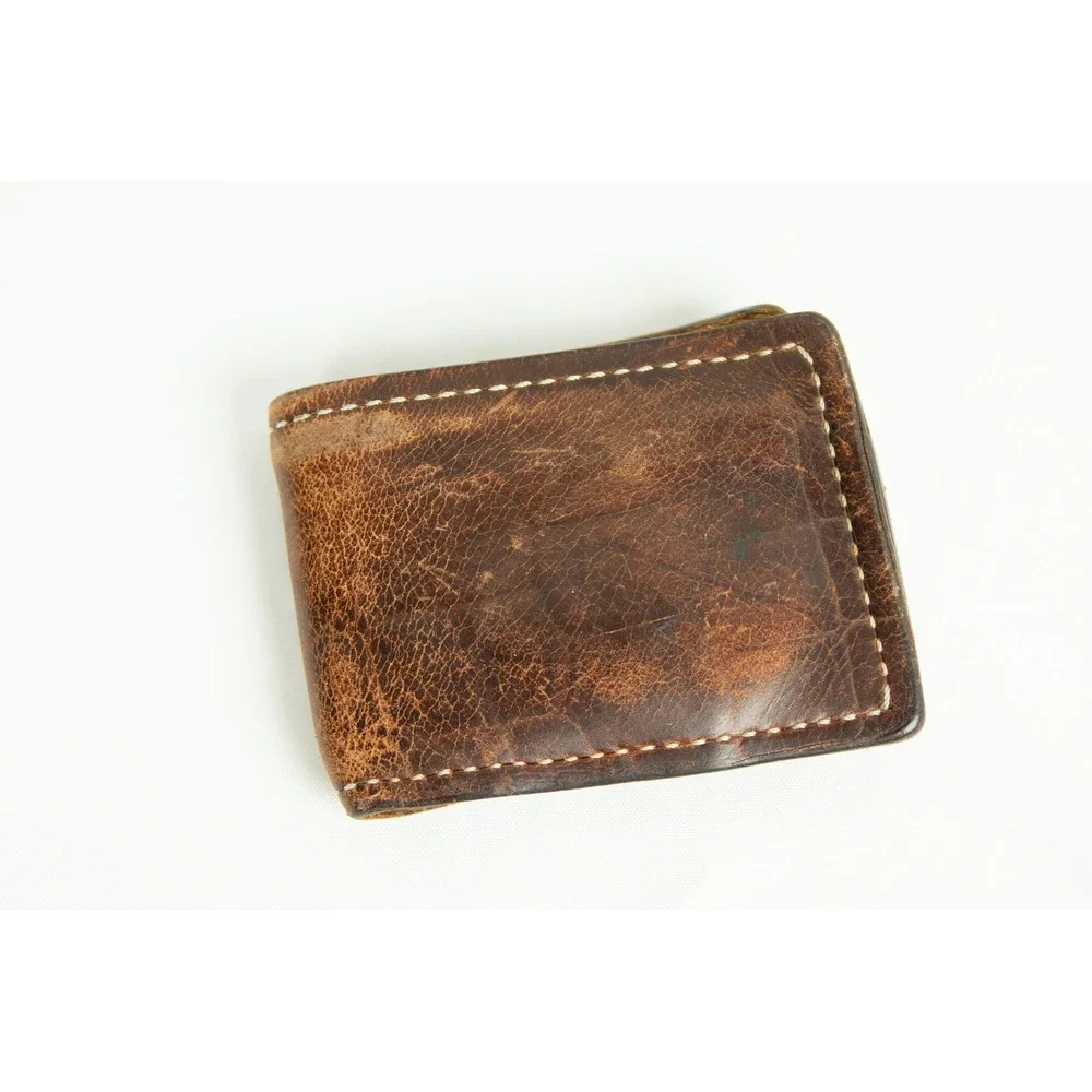 Vintage Distressed Brown Leather Bifold Wallet Contrast Stitch Minimalist Carry